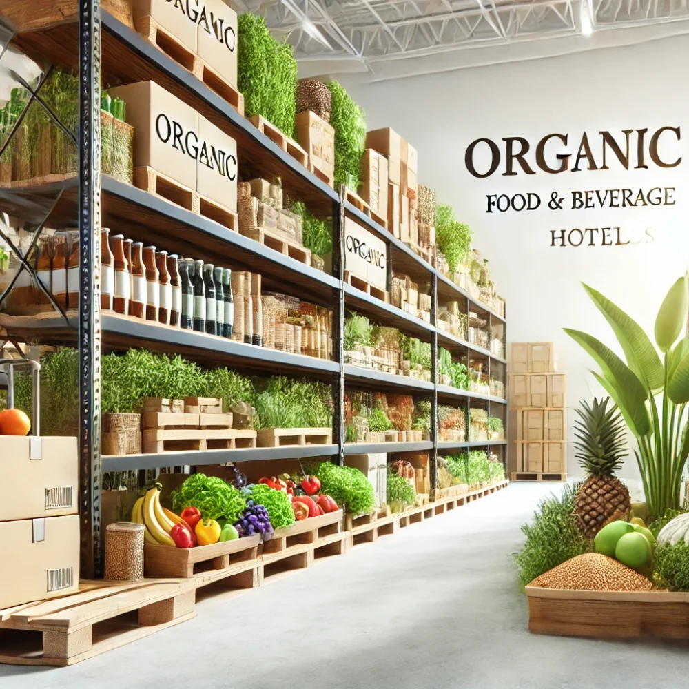 DALL·E 2025-02-15 19.00.56 - A high-quality warehouse storing organic food and beverage supplies for hotels. The environment is clean, organized, and well-lit, with shelves stocke